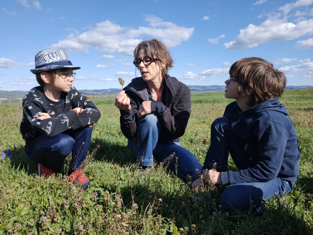 3 personnes observant des plantes comestibles dans le Roannais
