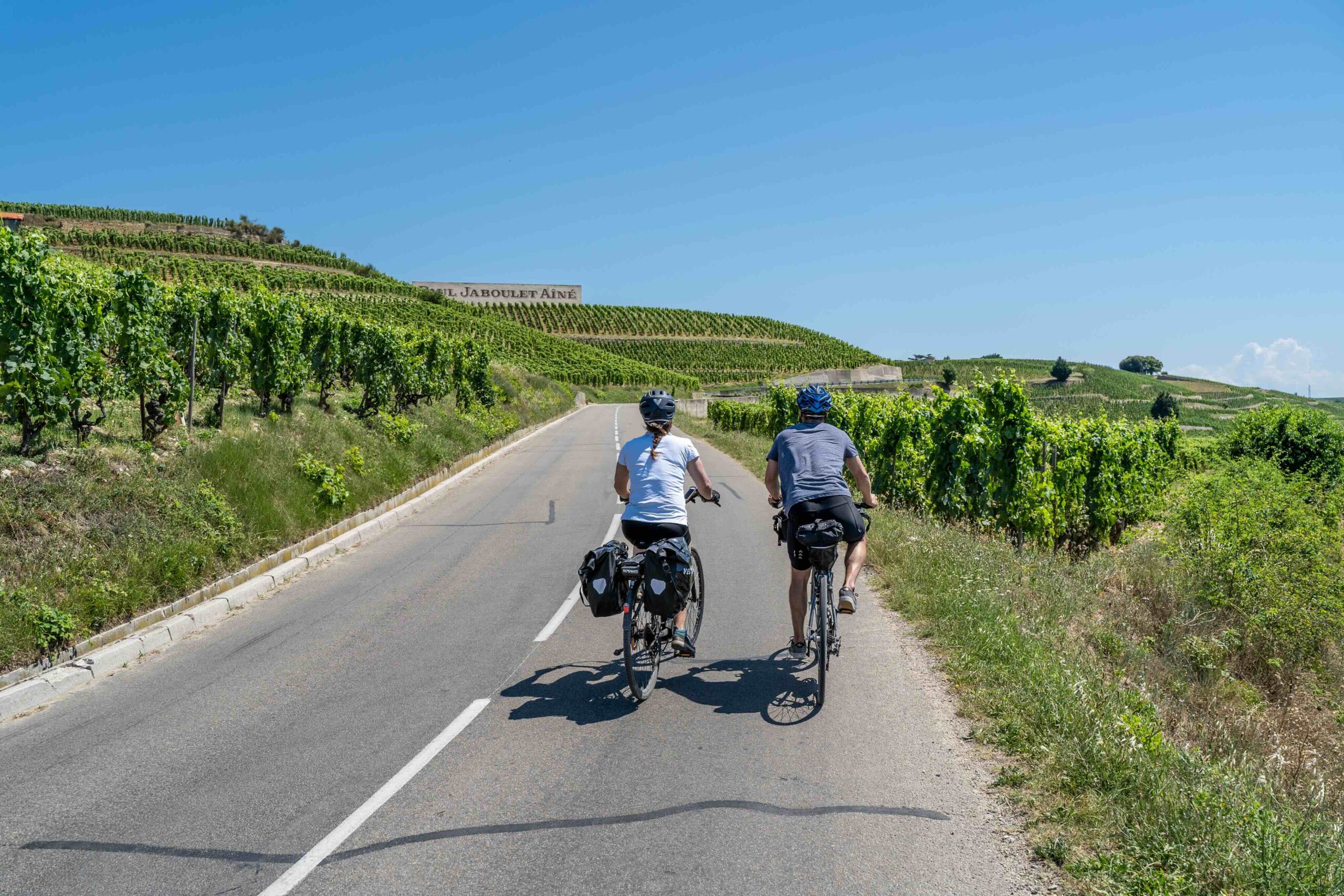 Deux cyclistes dans les vignobles des Côtes du Rhône