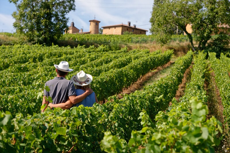 Un couple dans les vignobles du Beaujolais, dans le Rhône
