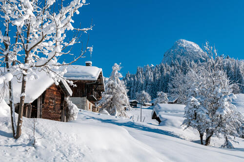 vue enneigée d'un chalet de Samoëns