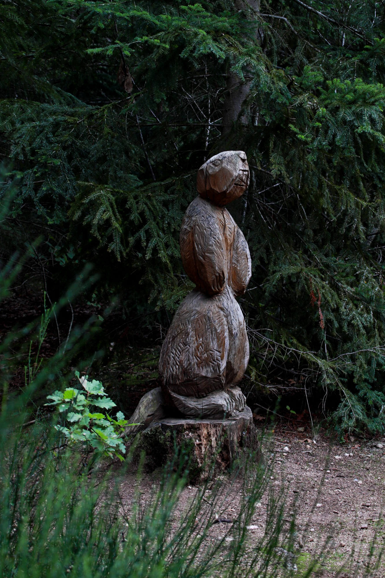Une des sculptures en bois de Châtel-Guyon dans le Puy-de-Dôme à découvrir en famille.