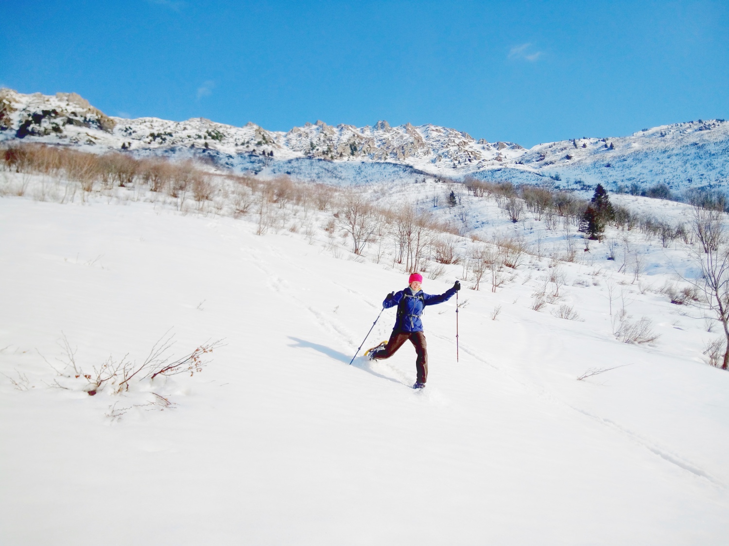 Descente en raquettes à neige dans la vallée de Valmorel, face au Grand Pic de la Lauzière.