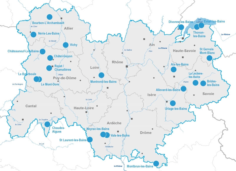 Carte des stations thermales d'Auvergne-Rhône-Alpes