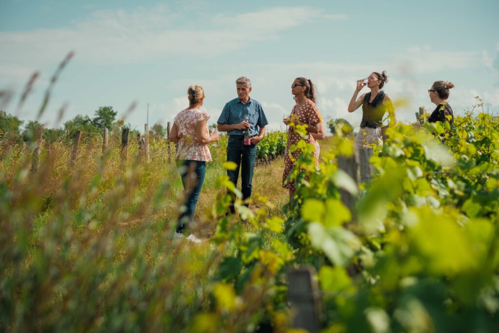 Groupe de personnes faisant une dégustation insolite de vin dans le Roannais